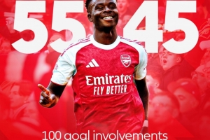 里程碑！英超官方社媒晒海报祝贺萨卡：参与英超进球100个👏