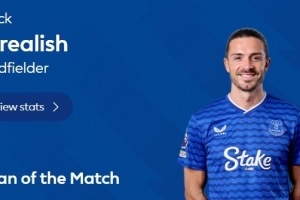 绝杀功臣！格拉利什当选埃弗顿2-1水晶宫的全场最佳球员