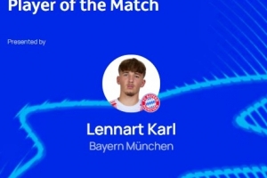 先拔头筹，官方：17岁小将卡尔当选拜仁4-0布鲁日全场最佳